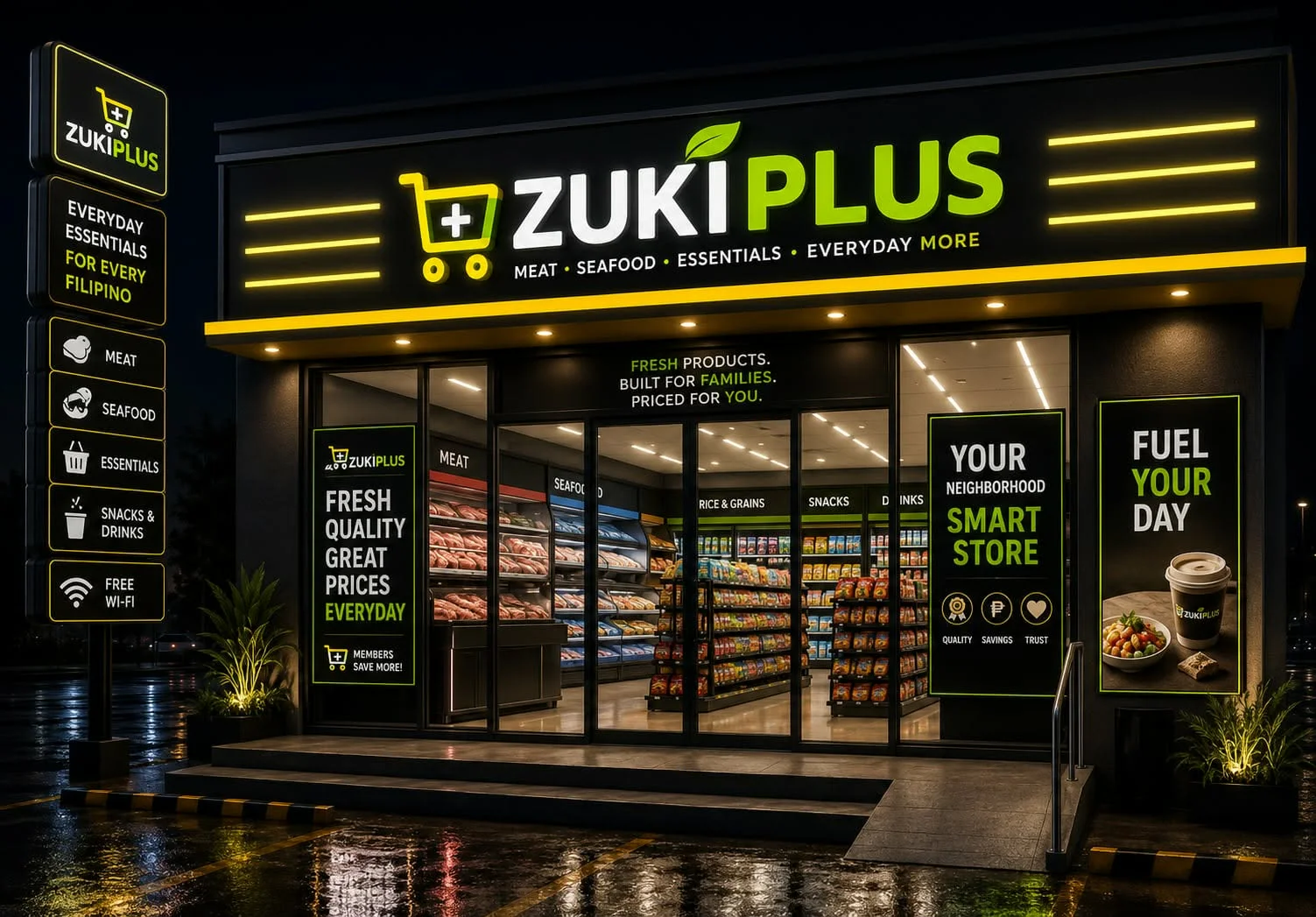 Zukiplus storefront concept with black signage, lime branding and brightly lit grocery aisles